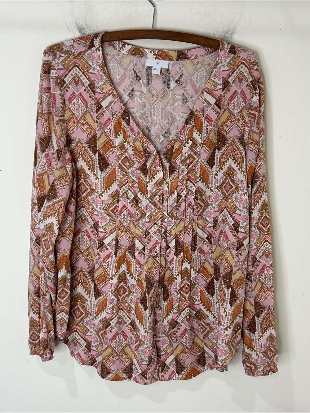 J. JILL Soft Rayon Tribal Boho Pleated Button Down Blouse Size Large - Picture 2 of 14